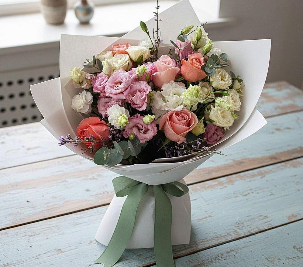 Букет цветов из: Розы, Лизиантусы и Гвоздики в Нарткале